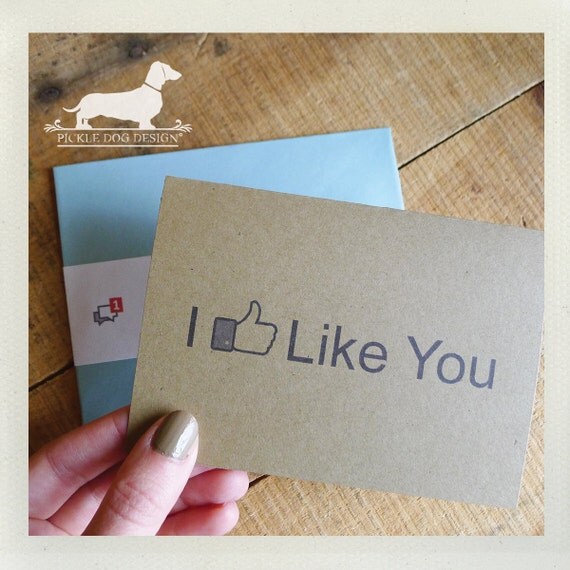 I Like You. Note Card -- (Valentine Card, Funny Card, Humorous, Geeky, Wedding, Friend, Facebook, Simple, Brown Kraft Paper, Blue Envelope)