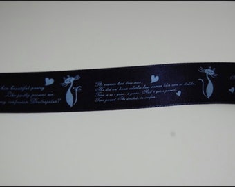 Cat printed navy satin ribbon 1 yd