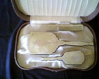 Vintage 3pc Gold Celluloid Vanity set, Treasury Item