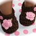 100% cotton crochet knit chocolate brown shoes baby booties mary janes pink flower brown and pink buttons newborn photo prop easter shoes