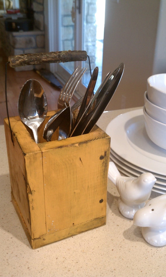 Items similar to Fall Inspired Rustic Orange Wooden Utensil Holder on Etsy