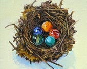 Birds Nest Painting, Original Artwork, Nursery Decor, Acrylic on canvas, 10 x 10"