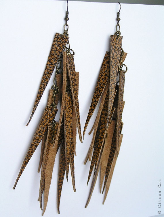 Brown leather long fringes earrings. OOAK
