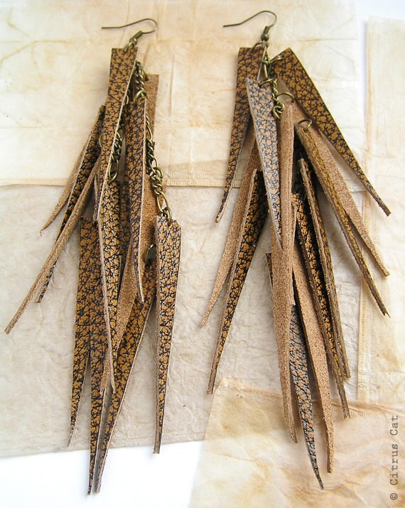 Brown leather long fringes earrings. OOAK