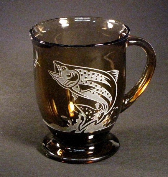 Brown Trout Coffee Mug Etched Glass Coffee Cup Fish Mug