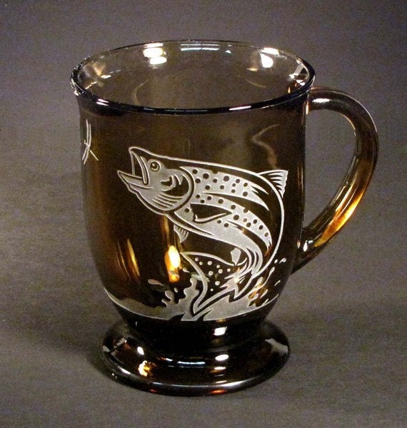 Brown Trout Coffee Mug Etched Glass Coffee Cup Fish Mug