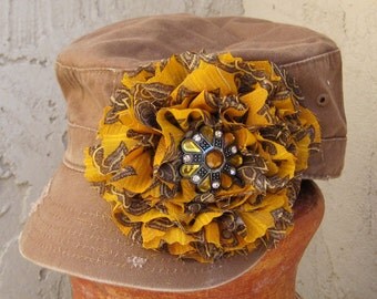 Sale.....Cadet Military Distressed Army Hat Brown with Beautiful Chiffon Flower and Gorgeous Amber Accent