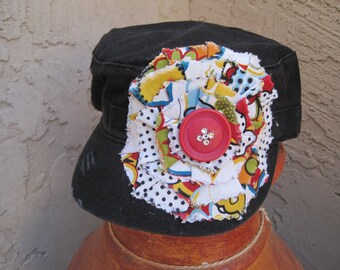 SALE.......Black Cadet Military Distressed Hat with Variegated Print Flower and Button Accent