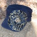 SALE.........Navy Blue Cadet Military Distressed hat with a Gold and Navy Print Fabric Flower and a Vintage Accent