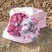 Youth Toddler Cadet Military Distressed Army Hat ....Pink with Two Coordinating Fabric Flowers and Beautiful Rhinestone Accents