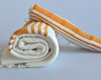 Turkish Towel Set Handwoven Peshtemal and Head Towel with orange stripes