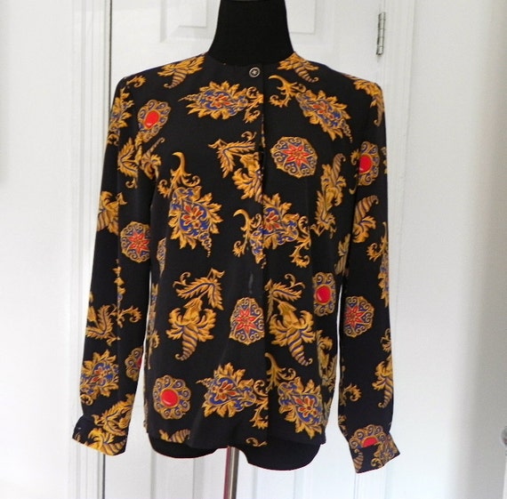 Vintage Japanese Style Long Sleeve Silk Shirt Size 6