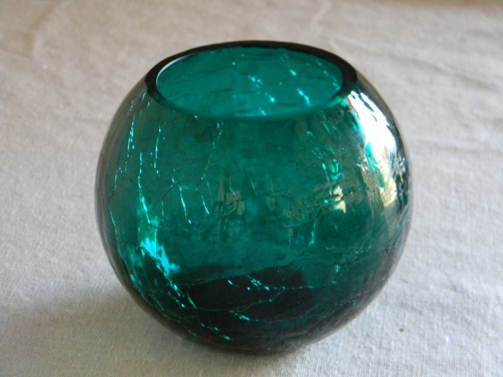 Vintage Mid Century Crackle Glass Orb Vase Blenko Emerald 1412