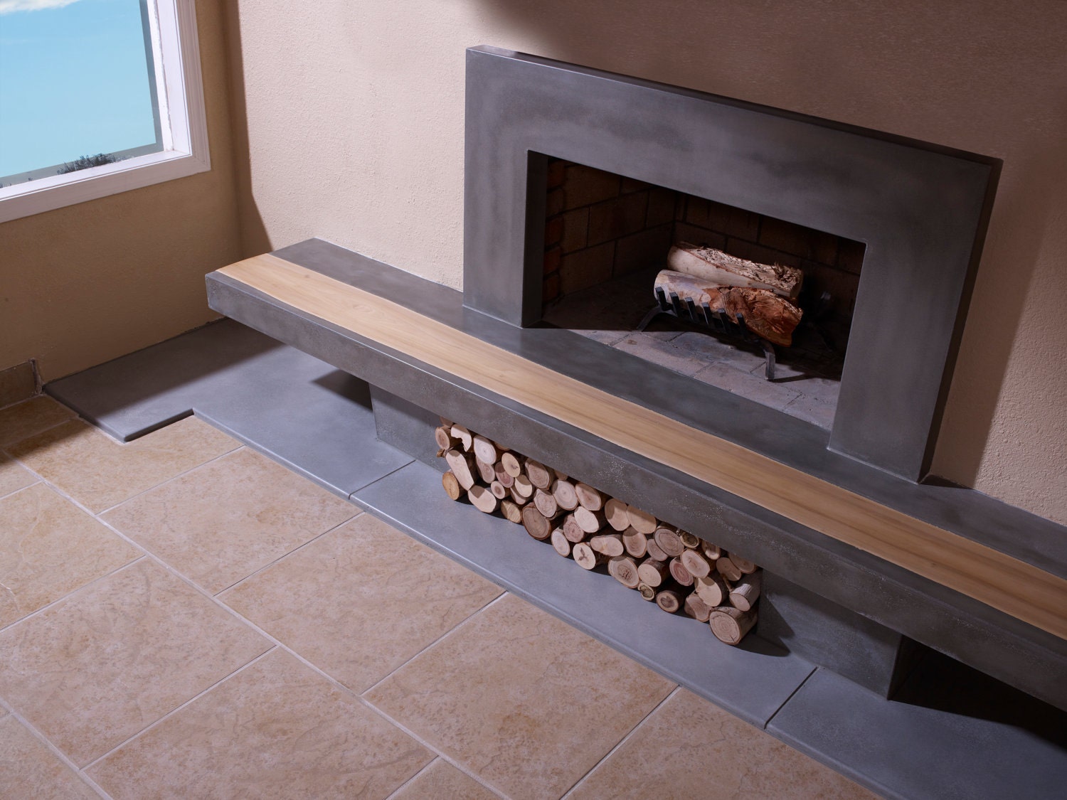 Concrete Fireplace Hearth with Wood Inlay and Surround