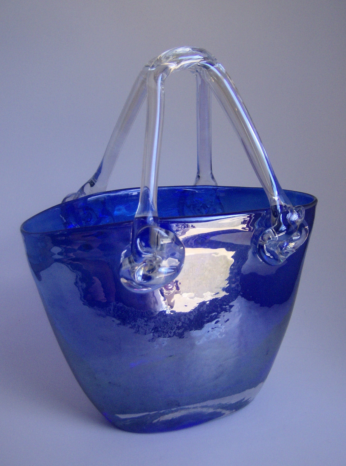Cobalt blue irdescent handblown art glass art deco purse vase