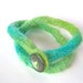Felted yarn bracelet, green and aqua wool with button, hand dyed