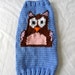 Hand Knit Dog Sweater - Blue with Cute Owl, Small