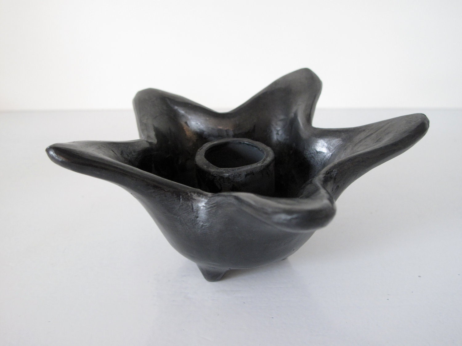Mid Century Oaxaca Black Pottery Sculptural Candle Holder