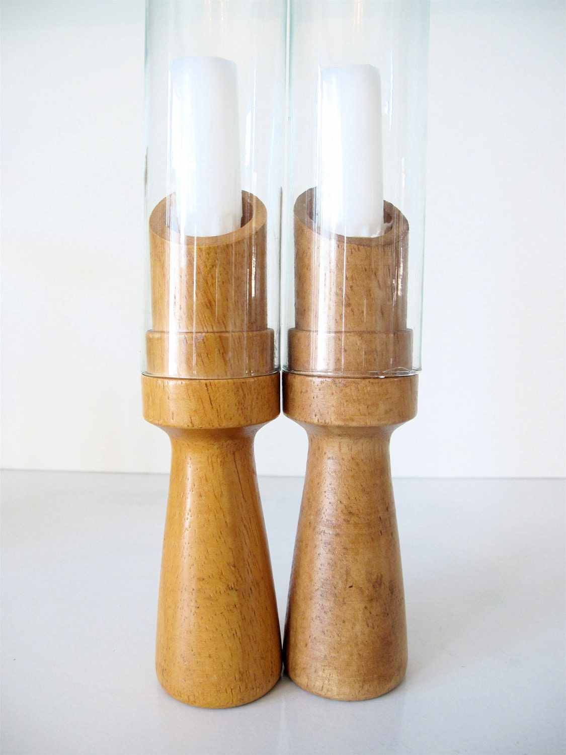 Vintage Modern Wooden Candle Holders w/ Glass by elefantdesign