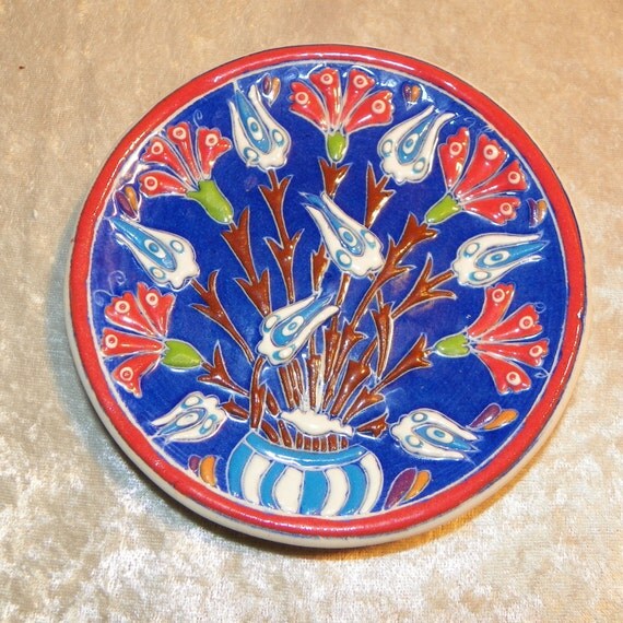 Turkish Hand Enameled Decorative Plate Very Vibrant Raised
