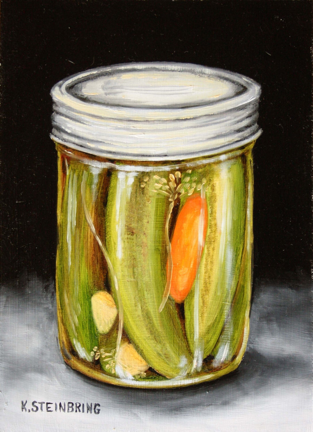 Oil painting of garlic pickles in glass mason jar