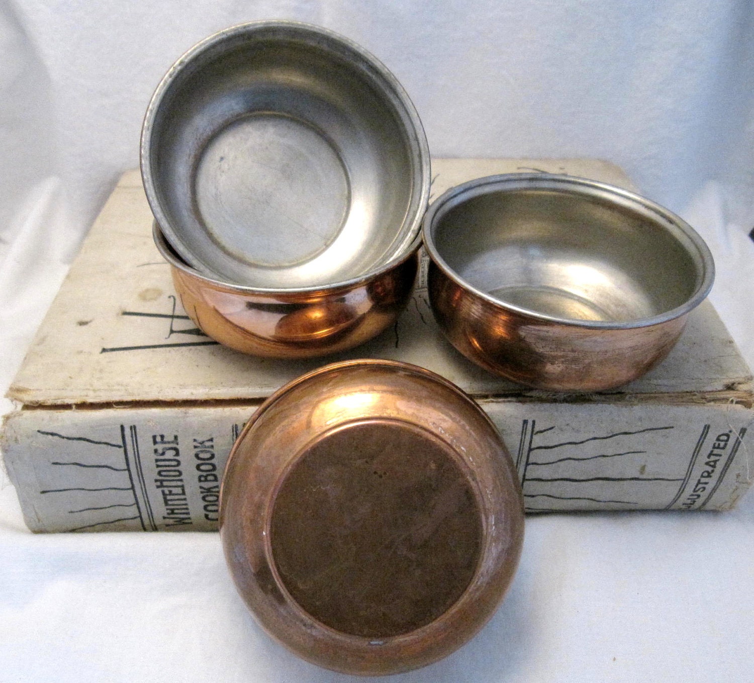 4 Vintage Copper ramekins bowls baking pan Shabby French