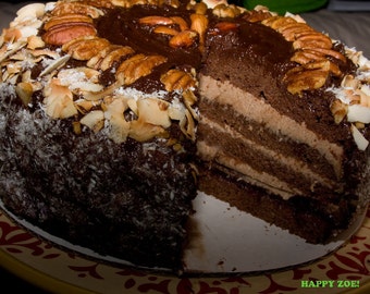 Vegan German Chocolate pecan coconut cake, love, animal free cruelty,no eggs,no dairy.