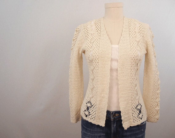 Vintage Crochet Cardigan / Ivory Hand Made Lace by zestvintage