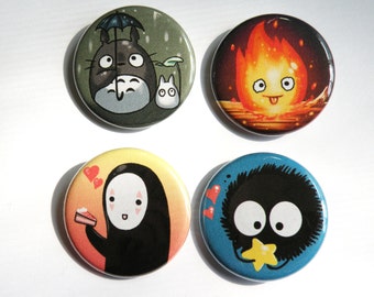 Ghibli 1.25 inch buttons, totoro, calcifer, noface, soot sprite, anime, geek,