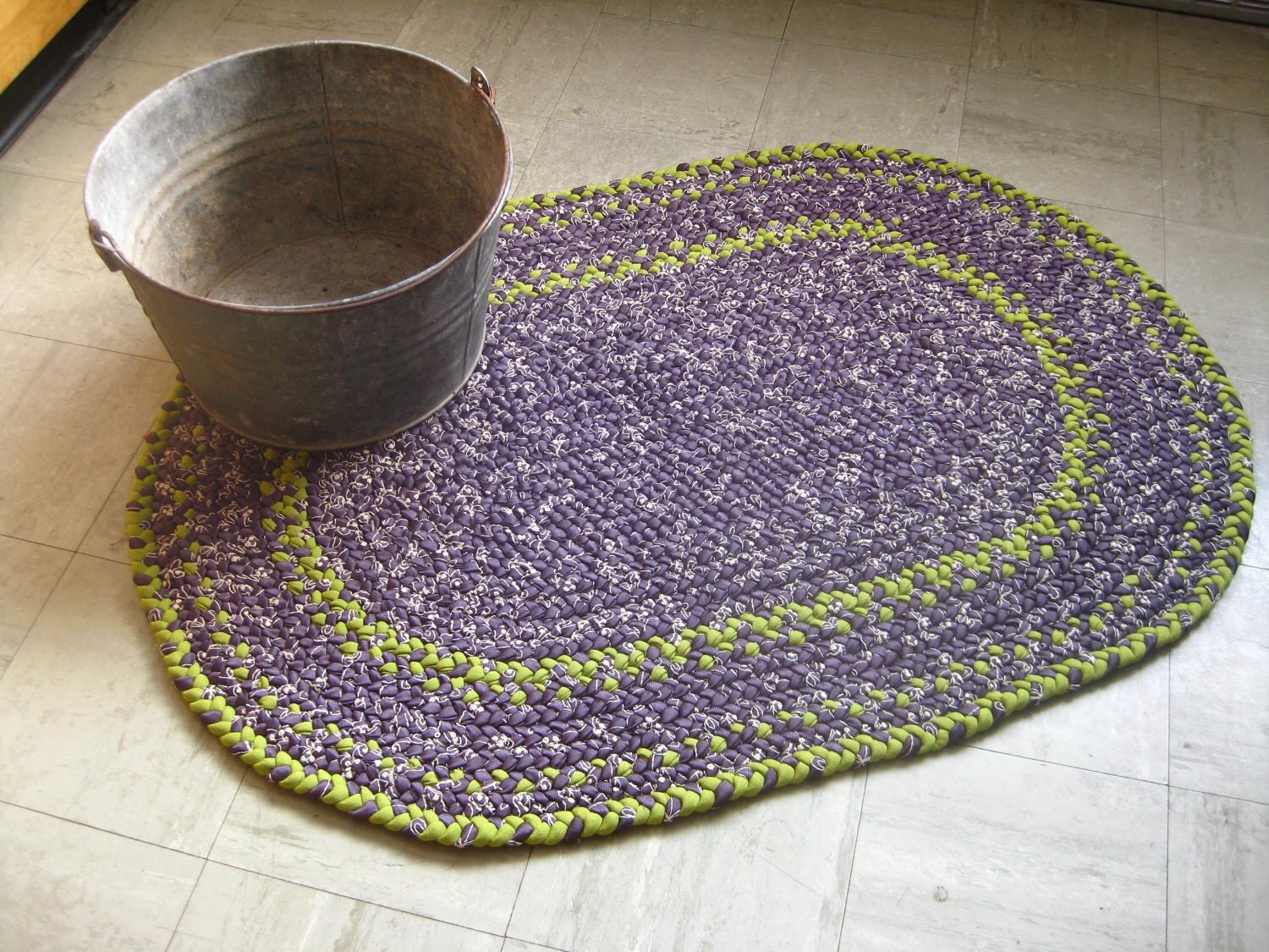 Braided Rug Purple and Lime Green Hand Made