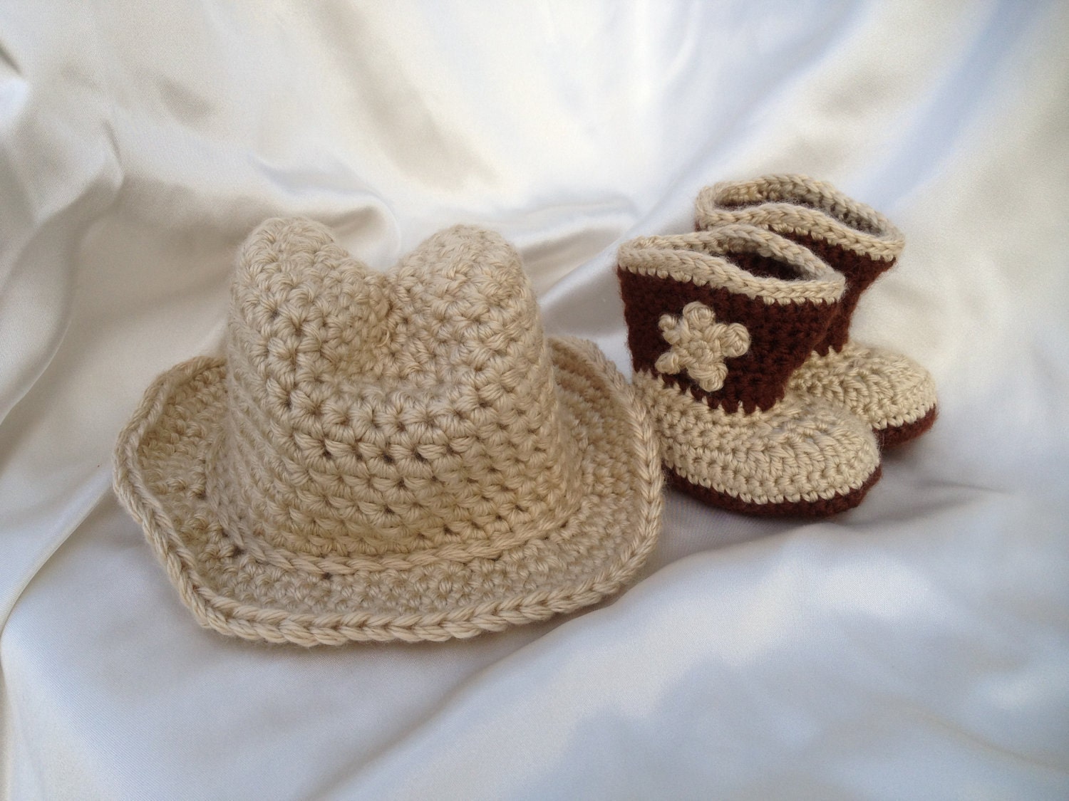 Crochet Baby Brown Cowboy Hat and Bootie set by cmiron on Etsy