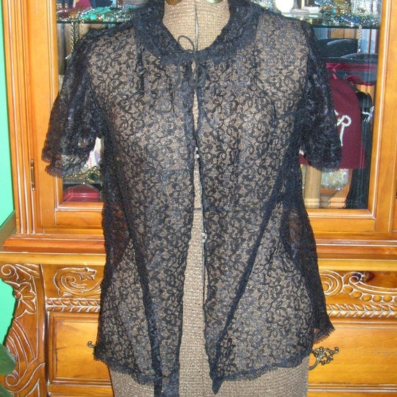 Vintage Lace Bed Jacket Black Lingerie 1950s