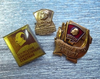 3 rare soviet pin badge with Lenin USSR komsomol sign communist party propaganda - 100 % original