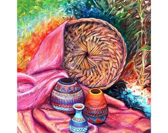 Original acrylic art painting with wood frame and LED lighting Still Life With Indian Pottery by Yelena Rubin