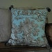 Duck egg blue toile de jouey pillow with matching pompoms