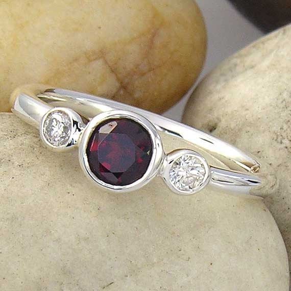 Red Imperial Garnet and White Sapphire 3 Stone 14K White Gold