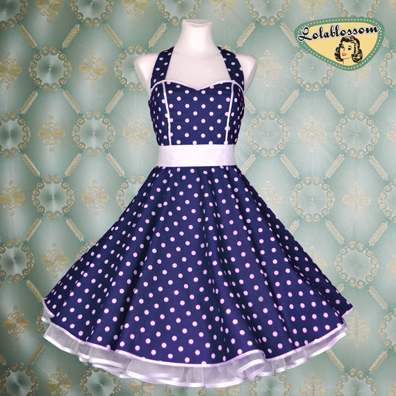 50's vintage dress full skirt blue white polka dots dress