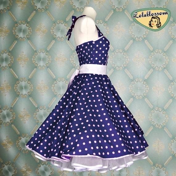 50's vintage dress full skirt blue white polka dots dress