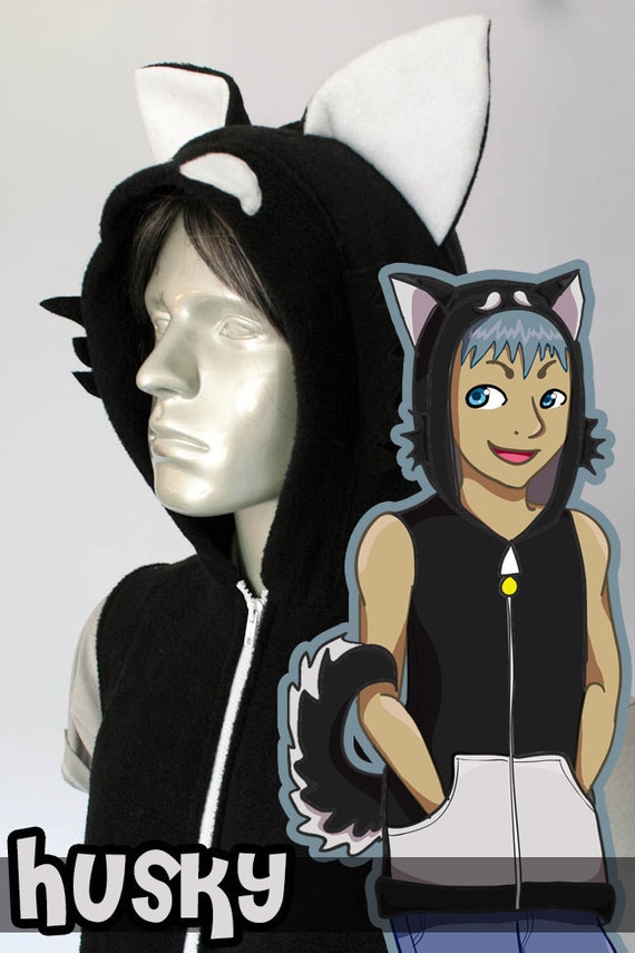 Black and White Husky or Malamute Hoodie Costume Cosplay
