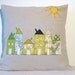 Cushion cover, green houses in a row, European, free motion applique, 16" / 40cm. Made in Belgium.