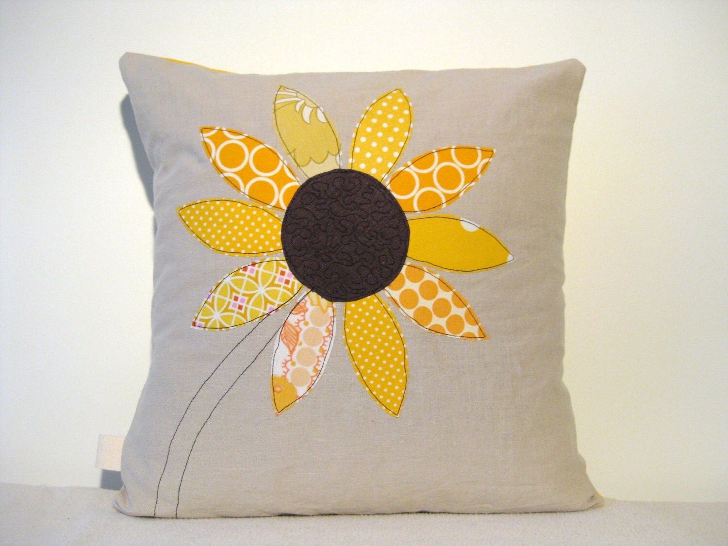 Yellow Sunflower Cushion Cover Free Motion Applique Summer