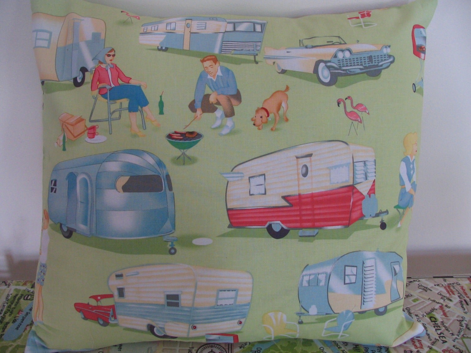 Retro caravan fabric print cushion. by Birdyheartsbuttons on Etsy