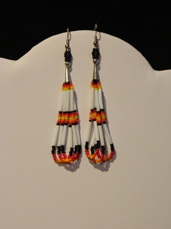 Native American Beaded Earrings with Silver Cones
