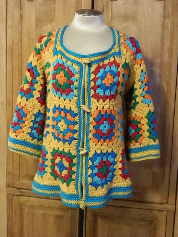 Vintage Handmade Crochet Granny Square 3/4 Bell Sleeve Sweater