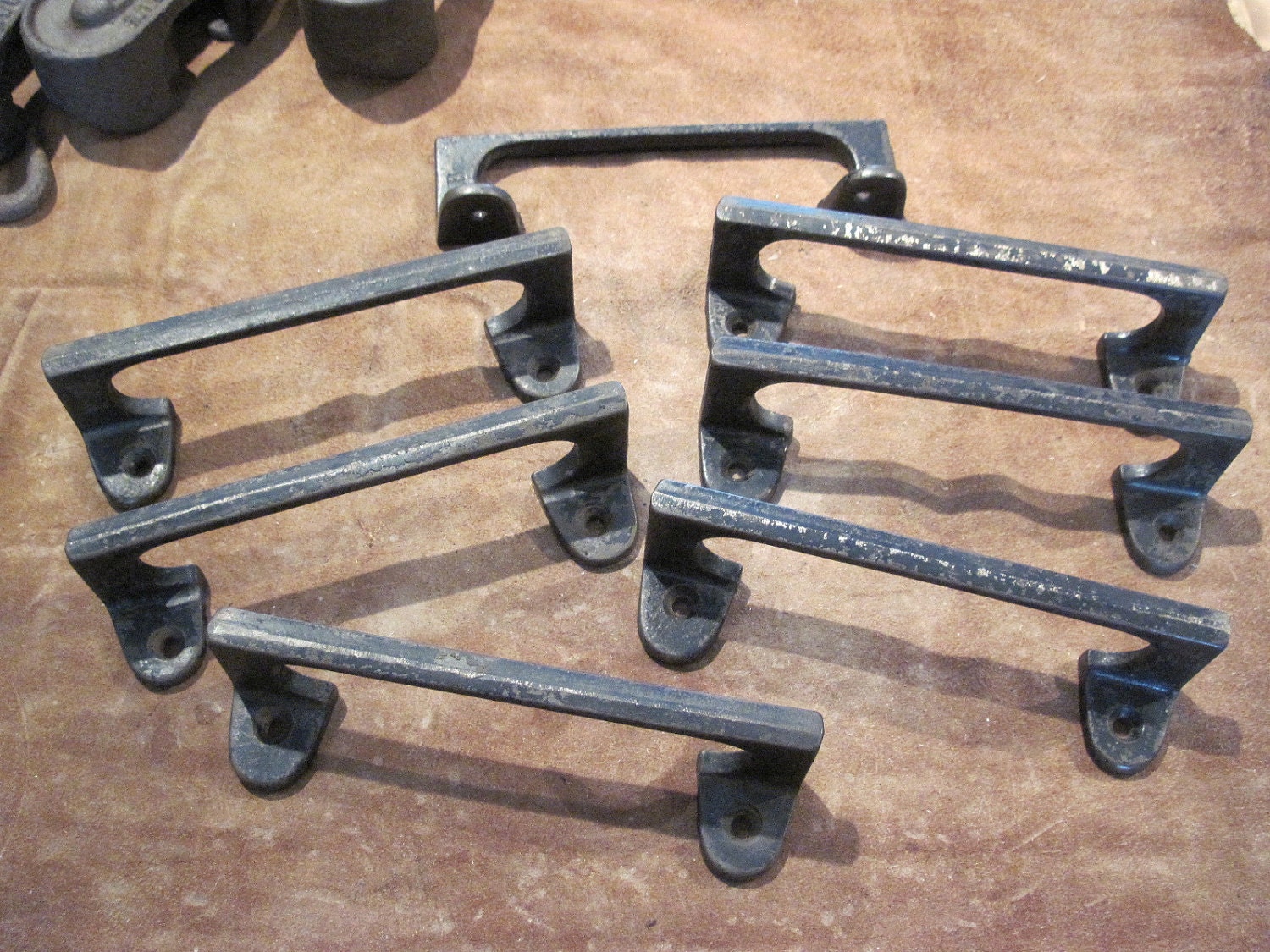 Seven Vintage Cast Iron Drawer Pulls Handles Knobs Pulls