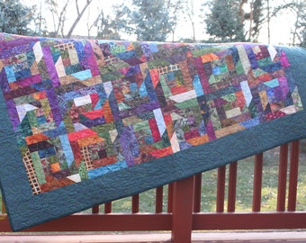 Lap Quilt - Beginners and Enders- Batik- Brights - Log Cabin Variation - Handmade Quilt