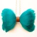 Handmade Feather Bow Tie Necklace in Teal Turquoise w/ Chestnut Leather Center and Backing