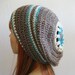 Crocheted Slouchy Beanie Hat Taupe Turquoise White Stripes Decorative Center - Ready to Ship