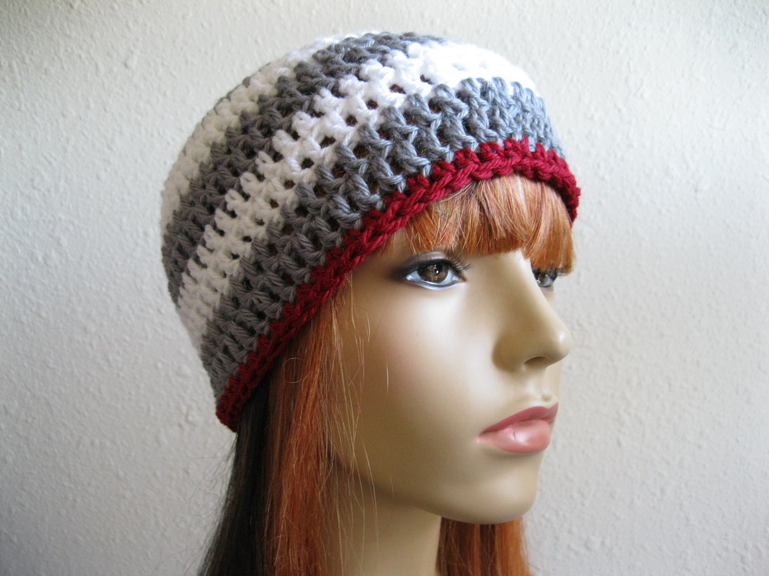 Crocheted Beanie Hat Gray White Stripes Ruby Red Heart Ready