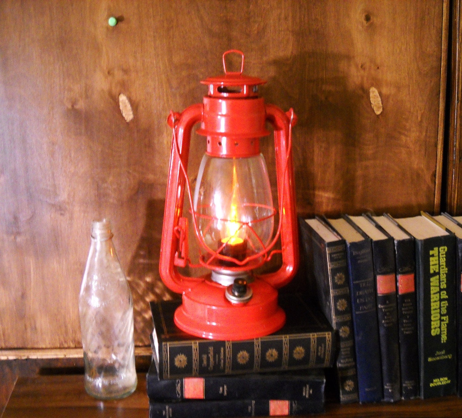 Red Electric lantern industrial table lamp hanging by EvasFeathers
